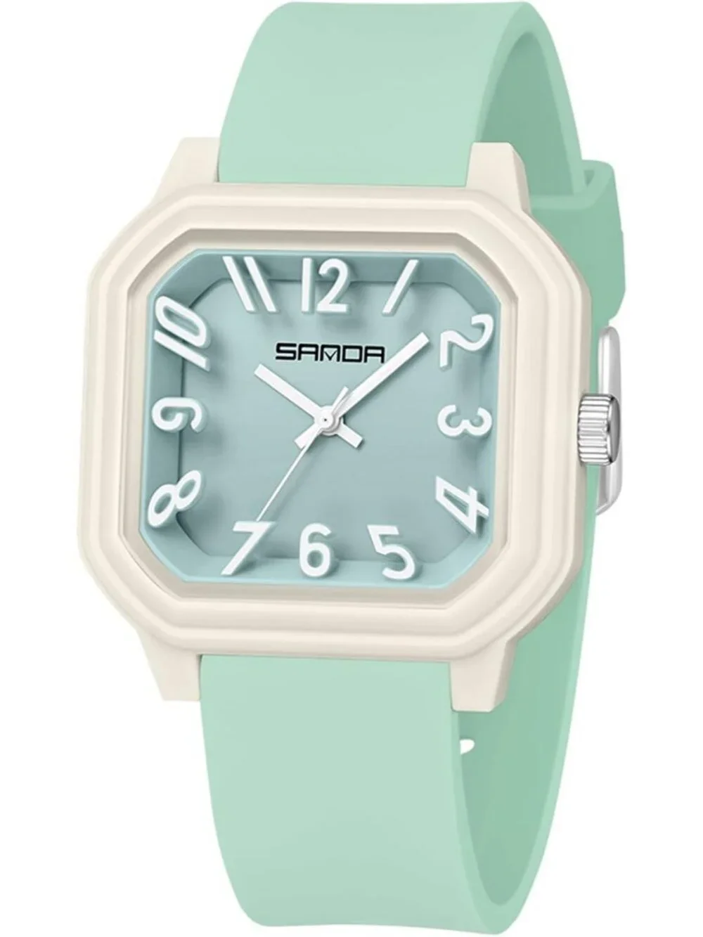 Women’s Green Quartz Big Arabic Numbers Silicone Strap Analog Square Wrist Watch